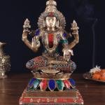 12" Brass Goddess Lakshmi Statue | Meenakari Stonework Divine Murti | Sacred Temple Art